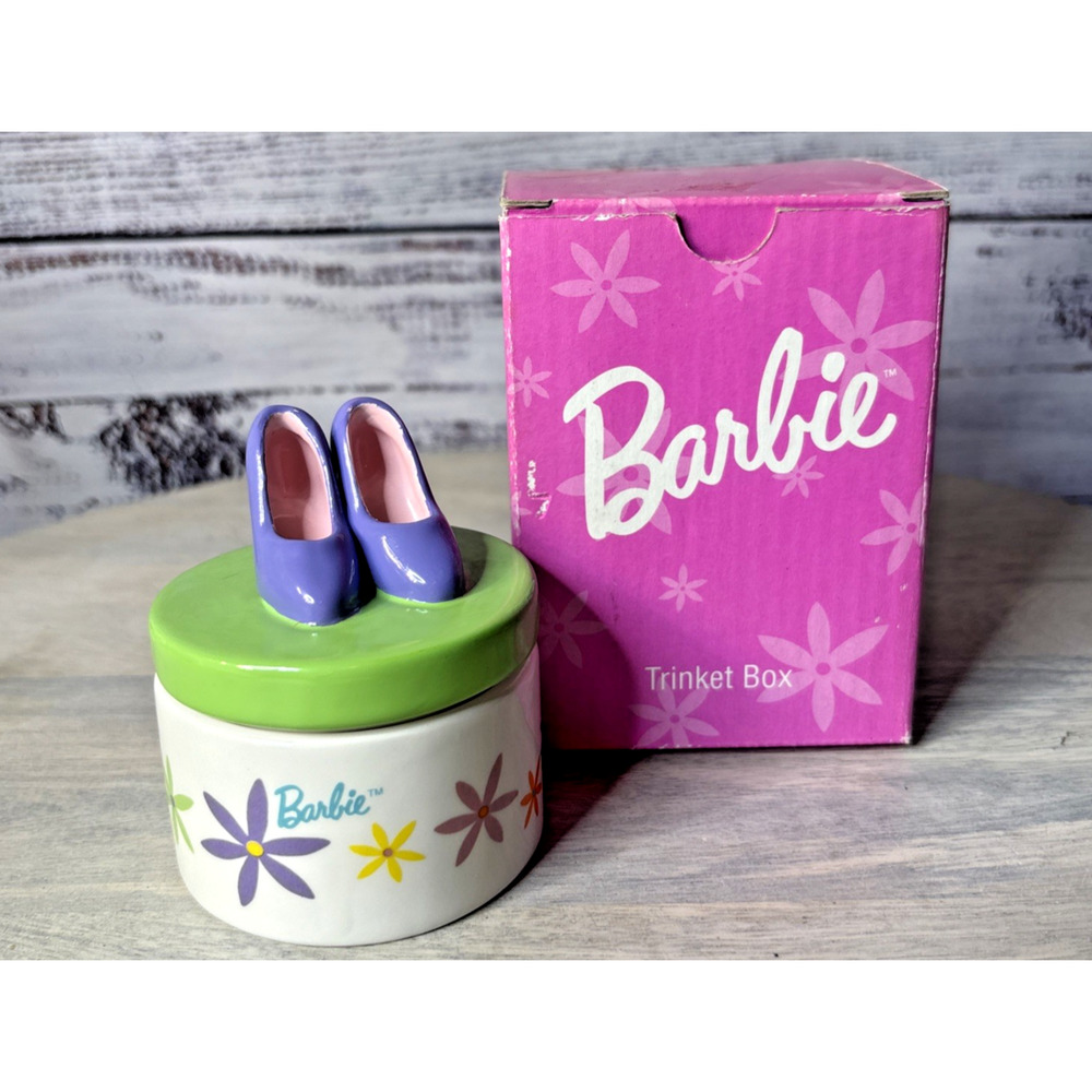 Vintage 2002 Barbie Ceramic Trinket Box Purple High Heel Shoes Floral Lid Mattel